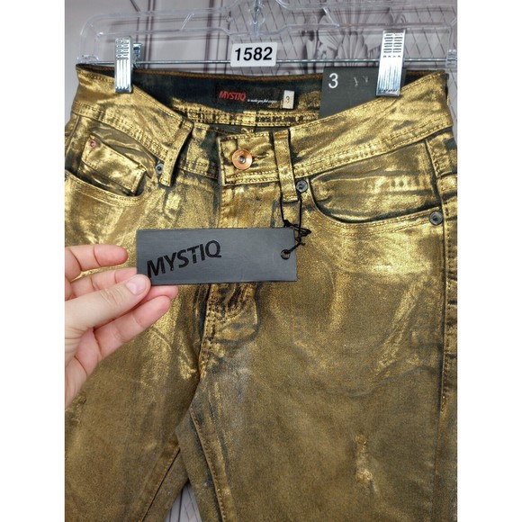 NWT MYSTIQ Womens High Waisted Jeans SZ 3 Unique Gold Spray Paint Look $66 MSRP - Picture 5 of 16